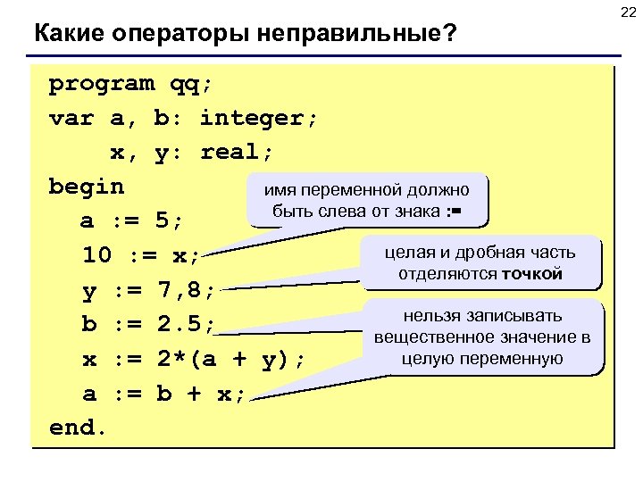 Какие операторы неправильные? program qq; var a, b: integer; x, y: real; begin имя