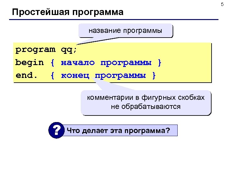 Простейшая программа название программы program qq; begin { начало программы } end. { конец