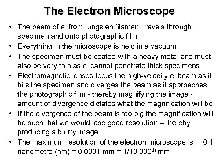 The Electron Microscope • The beam of e- from tungsten filament travels through specimen
