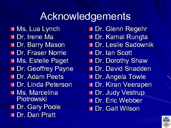 Acknowledgements Ms. Lua Lynch Dr. Irene Ma Dr. Barry Mason Dr. Fraser Norrie Ms.