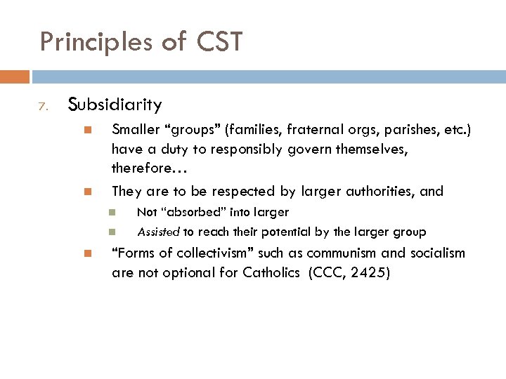 Principles of CST 7. Subsidiarity Smaller “groups” (families, fraternal orgs, parishes, etc. ) have