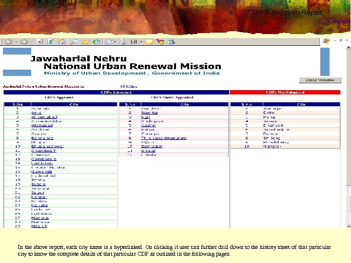 a. CDP Submission Report; In the above report, each city name is a