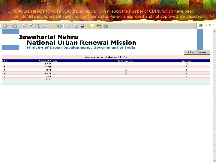 b. Appraisal Agency wise CDP status report. In this report the number of CDPs,