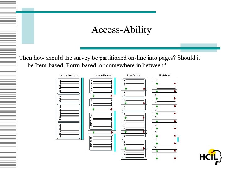 Access-Ability Then how should the survey be partitioned on-line into pages? Should it be