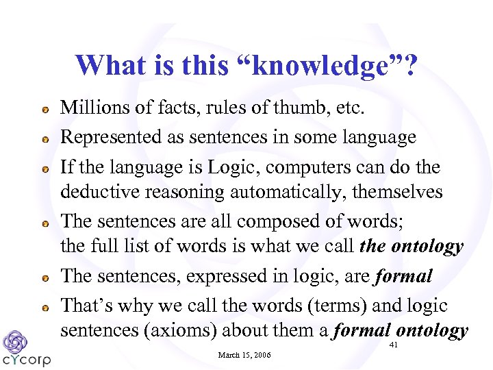 What is this “knowledge”? Millions of facts, rules of thumb, etc. Represented as sentences