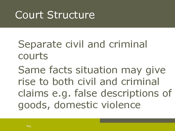 Court Structure Separate civil and criminal courts Same facts situation may give rise to