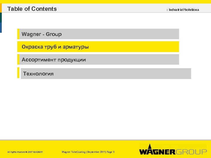 Table of Contents ı Industrial Solutions Wagner - Group Окраска труб и арматуры Ассортимент