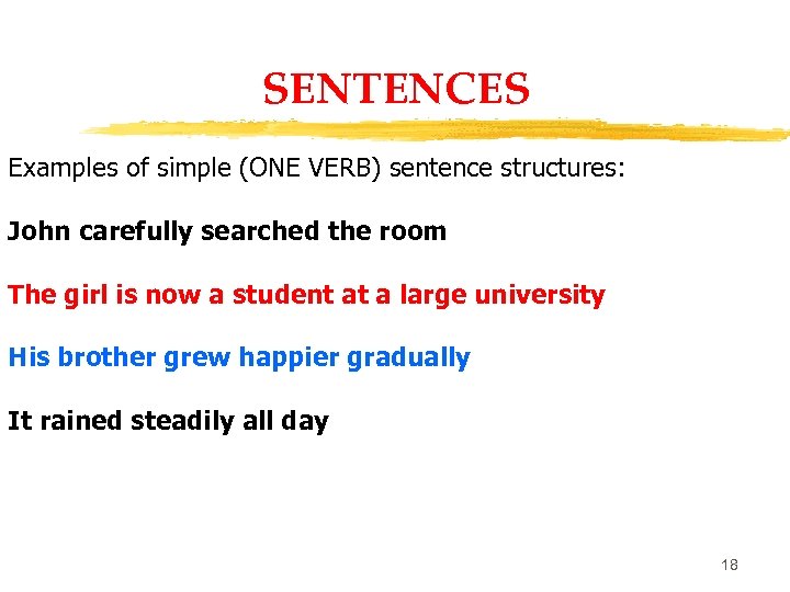 SENTENCES Examples of simple (ONE VERB) sentence structures: John carefully searched the room The