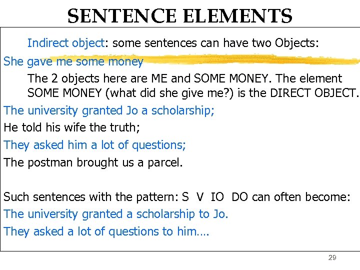 SENTENCE ELEMENTS Indirect object: some sentences can have two Objects: She gave me some