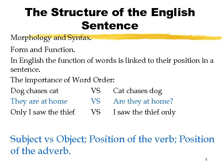 The Structure of the English Sentence Morphology and Syntax. Form and Function. In English