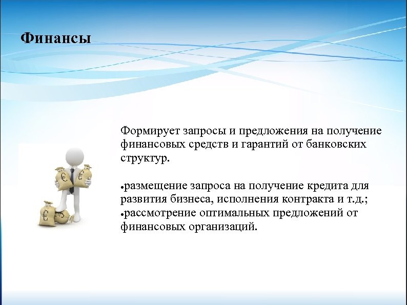 Финансы Формирует запросы и предложения на получение финансовых средств и гарантий от банковских структур.