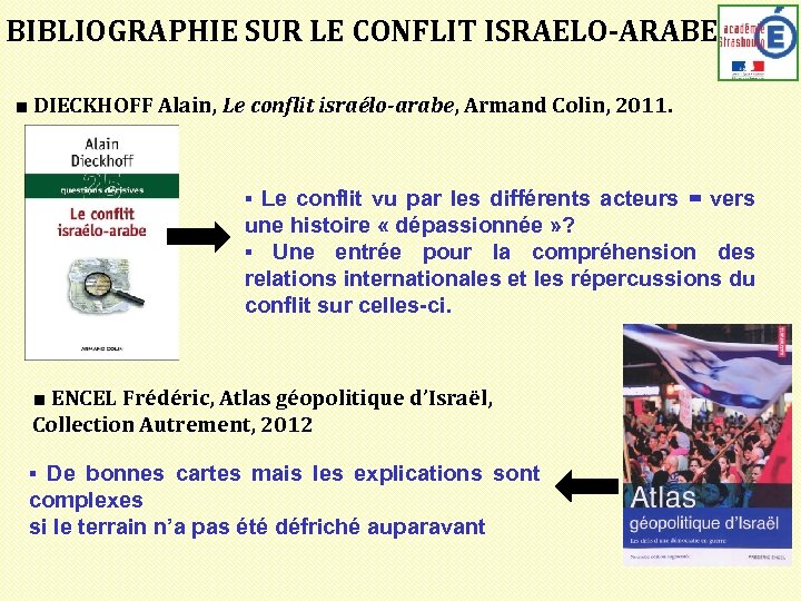 BIBLIOGRAPHIE SUR LE CONFLIT ISRAELO-ARABE ■ DIECKHOFF Alain, Le conflit israélo-arabe, Armand Colin, 2011.