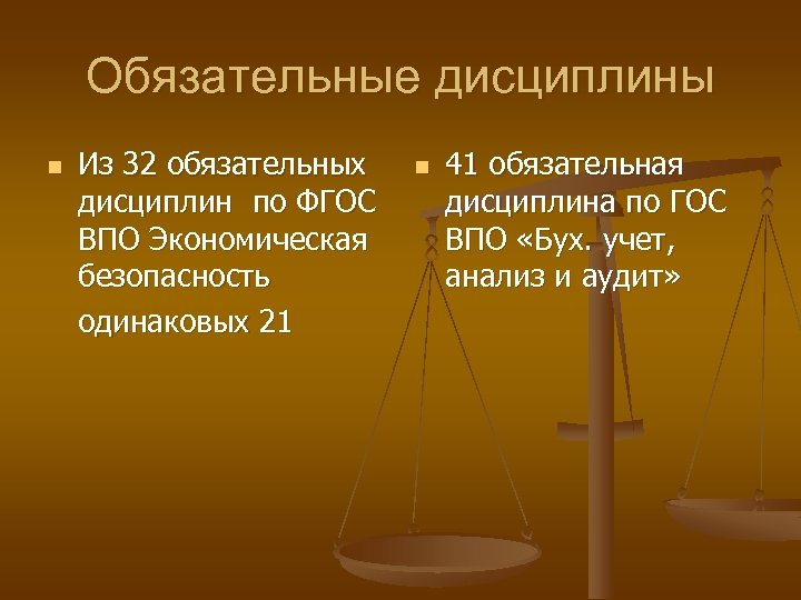 Обязательные дисциплины n Из 32 обязательных дисциплин по ФГОС ВПО Экономическая безопасность одинаковых 21