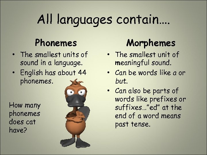 All languages contain…. Phonemes • The smallest units of sound in a language. •