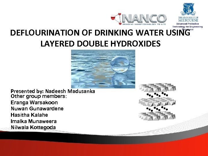 DEFLOURINATION OF DRINKING WATER USING LAYERED DOUBLE HYDROXIDES Presented by: Nadeesh Madusanka Other group