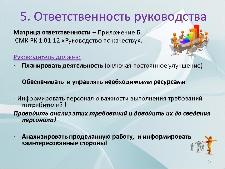 5. Ответственность руководства Матрица ответственности – Приложение Б, СМК РК 1. 01 12 «Руководство
