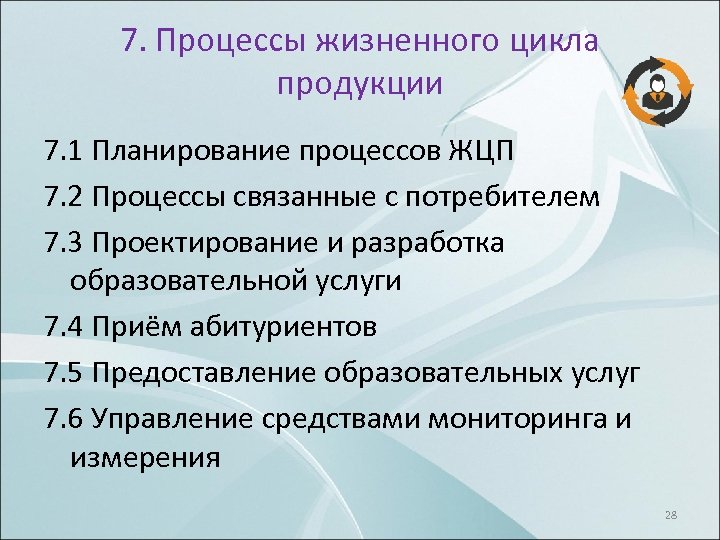 7. Процессы жизненного цикла продукции 7. 1 Планирование процессов ЖЦП 7. 2 Процессы связанные