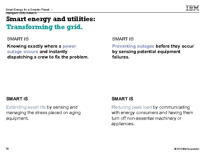 Smart Energy for a Smarter Planet Intelligent Utility Network Smart energy and utilities: Transforming