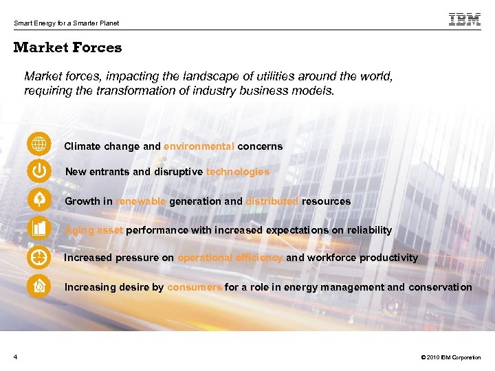 Smart Energy for a Smarter Planet Market Forces Market forces, impacting the landscape of