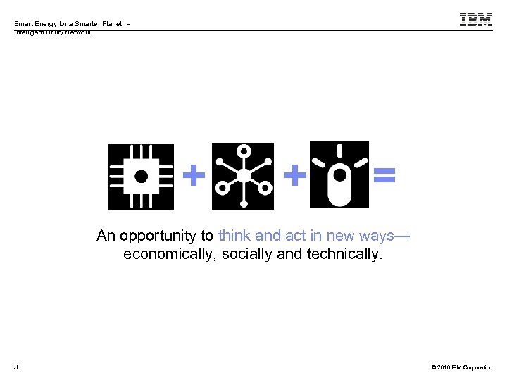 Smart Energy for a Smarter Planet Intelligent Utility Network + + = An opportunity