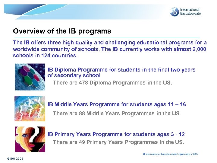 Overview of the IB programs The IB offers three high quality and challenging educational