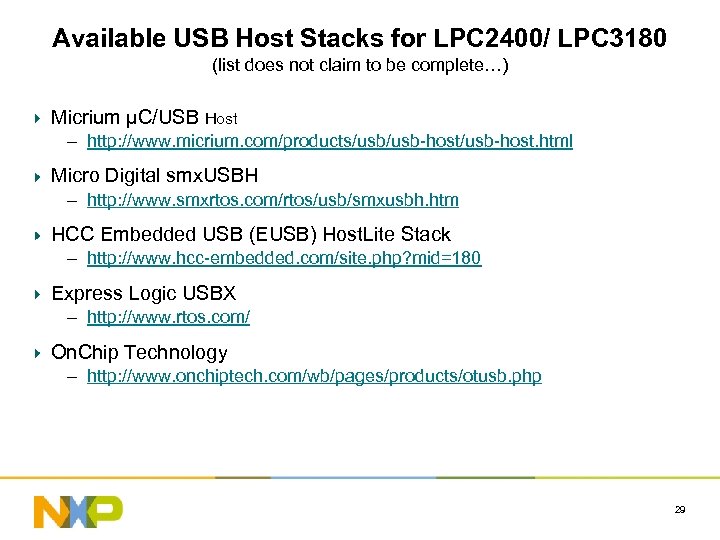 Available USB Host Stacks for LPC 2400/ LPC 3180 (list does not claim to