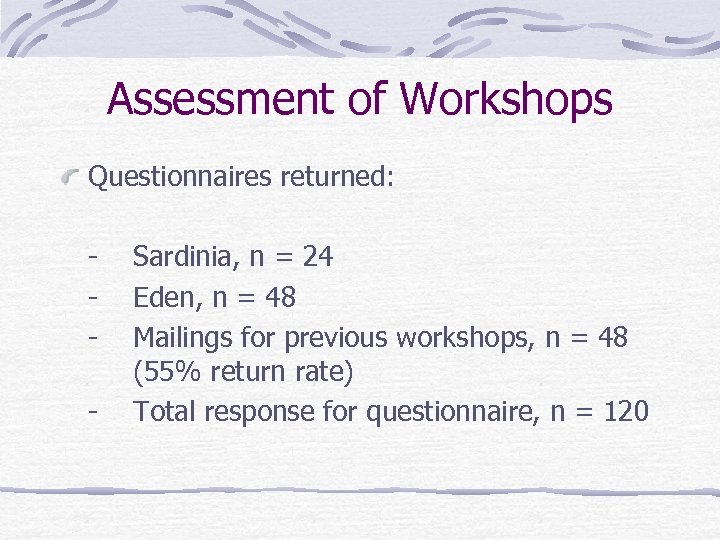 Assessment of Workshops Questionnaires returned: - Sardinia, n = 24 Eden, n = 48