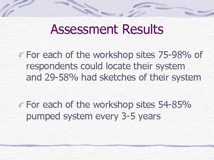 Assessment Results For each of the workshop sites 75 -98% of respondents could locate
