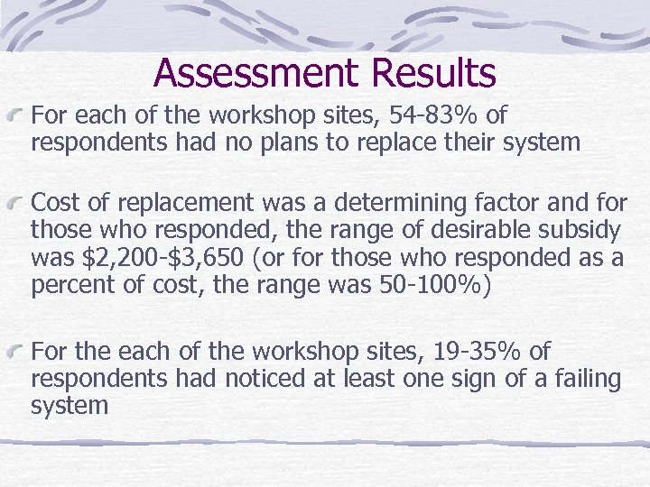 Assessment Results For each of the workshop sites, 54 -83% of respondents had no