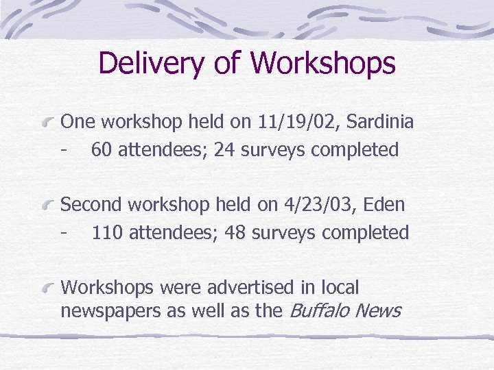 Delivery of Workshops One workshop held on 11/19/02, Sardinia - 60 attendees; 24 surveys