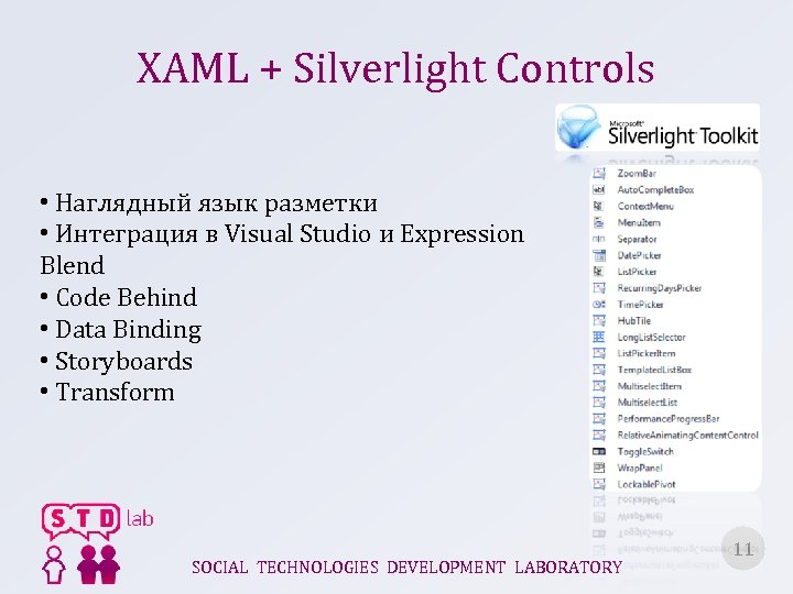 XAML + Silverlight Controls • Наглядный язык разметки • Интеграция в Visual Studio и