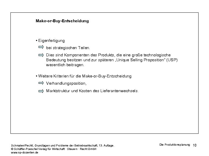 Make-or-Buy-Entscheidung • Eigenfertigung bei strategischen Teilen. Dies sind Komponenten des Produkts, die eine große