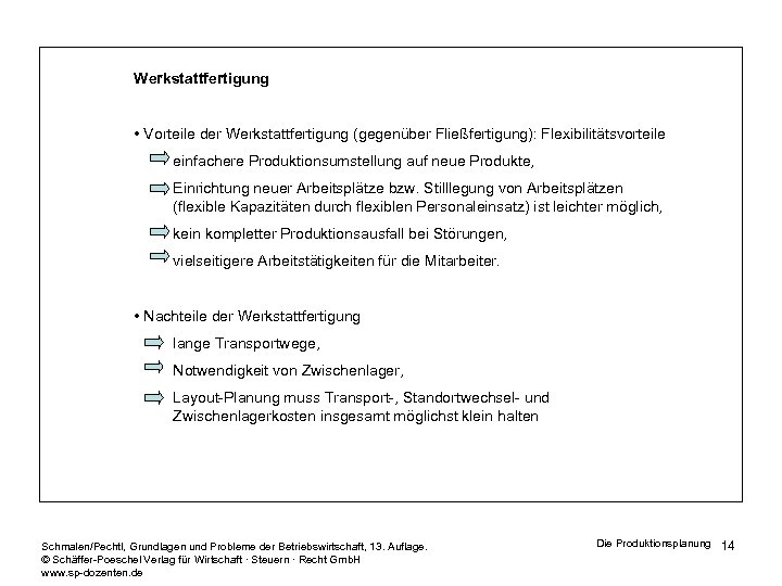 Werkstattfertigung • Vorteile der Werkstattfertigung (gegenüber Fließfertigung): Flexibilitätsvorteile einfachere Produktionsumstellung auf neue Produkte, Einrichtung