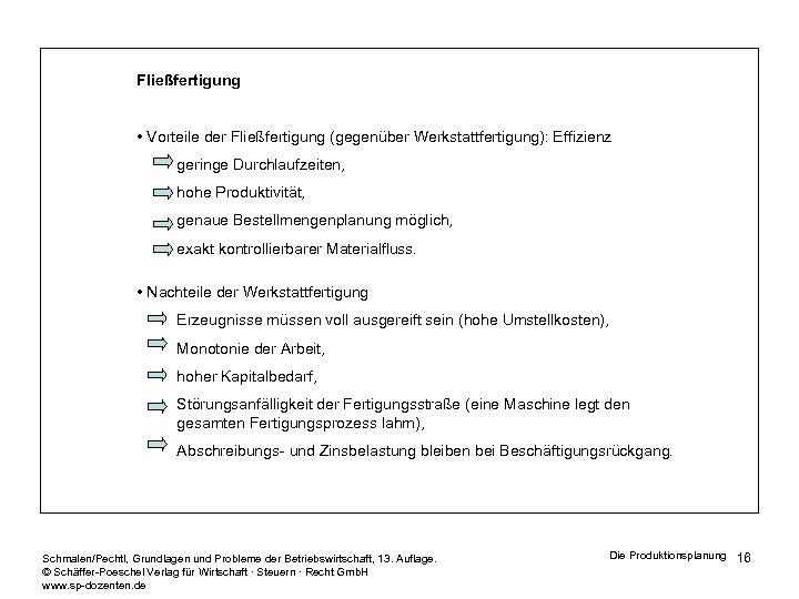 Fließfertigung • Vorteile der Fließfertigung (gegenüber Werkstattfertigung): Effizienz geringe Durchlaufzeiten, hohe Produktivität, genaue Bestellmengenplanung