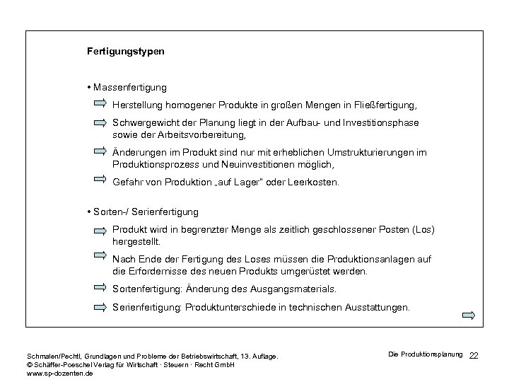 Fertigungstypen • Massenfertigung Herstellung homogener Produkte in großen Mengen in Fließfertigung, Schwergewicht der Planung