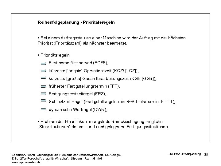 Reihenfolgeplanung - Prioritätsregeln • Bei einem Auftragsstau an einer Maschine wird der Auftrag mit