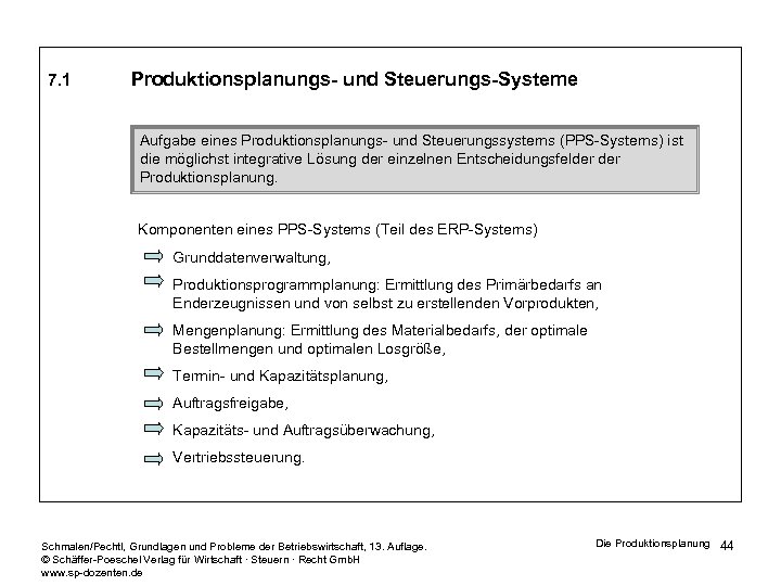 7. 1 Produktionsplanungs- und Steuerungs-Systeme Aufgabe eines Produktionsplanungs- und Steuerungssystems (PPS-Systems) ist die möglichst