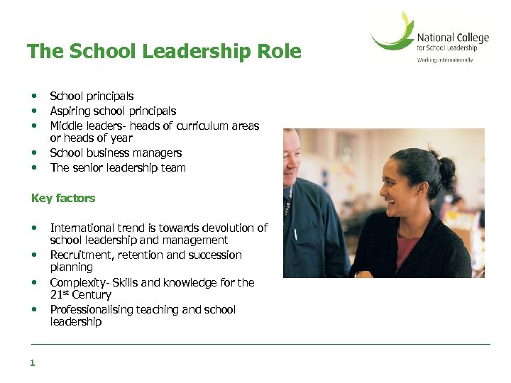 The School Leadership Role • • • School principals Aspiring school principals Middle leaders-