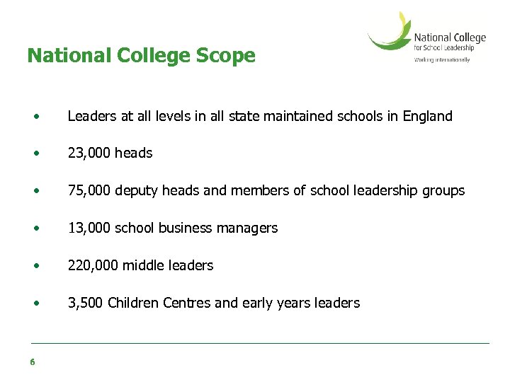 National College Scope • Leaders at all levels in all state maintained schools in