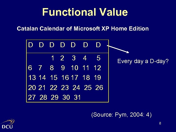 Functional Value Catalan Calendar of Microsoft XP Home Edition D D D D 1