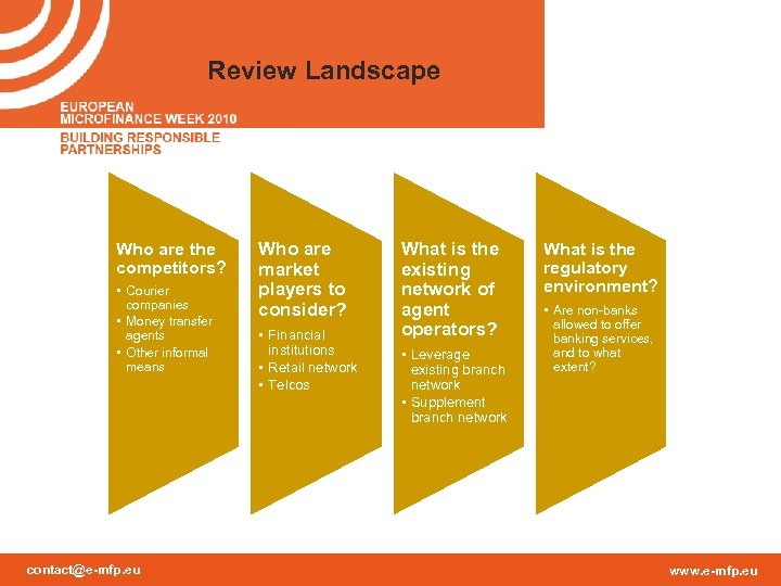 Review Landscape Who are the competitors? • Courier companies • Money transfer agents •