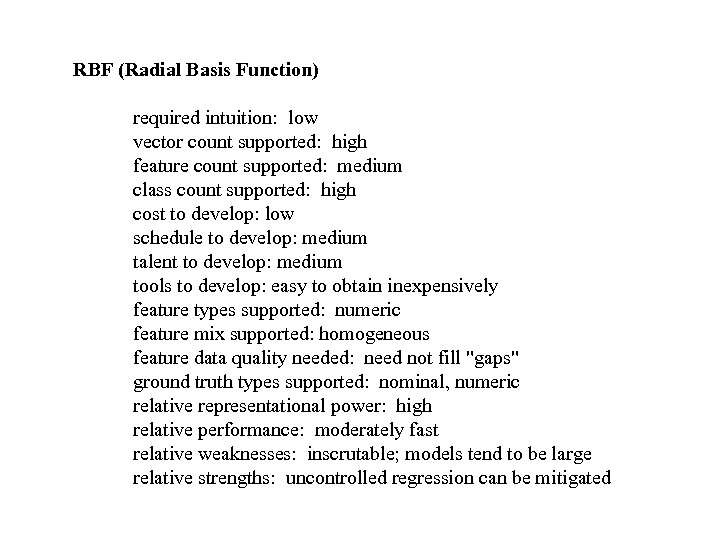 RBF (Radial Basis Function) required intuition: low vector count supported: high feature count supported: