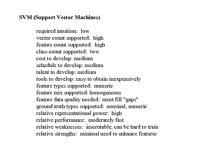 SVM (Support Vector Machines) required intuition: low vector count supported: high feature count supported: