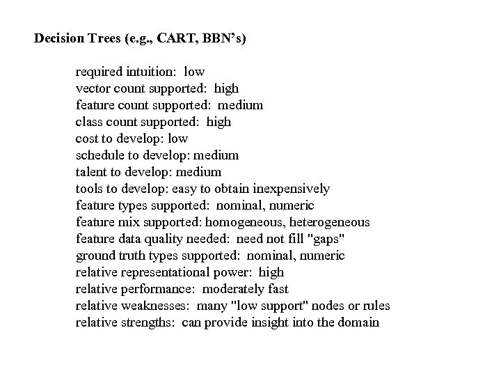 Decision Trees (e. g. , CART, BBN’s) required intuition: low vector count supported: high