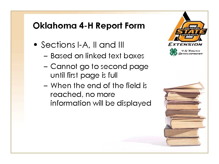 Oklahoma 4 -H Report Form • Sections I-A, II and III – Based on