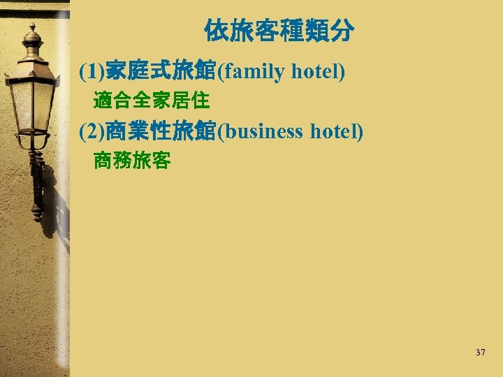 依旅客種類分 (1)家庭式旅館(family hotel) 適合全家居住 (2)商業性旅館(business hotel) 商務旅客 37 