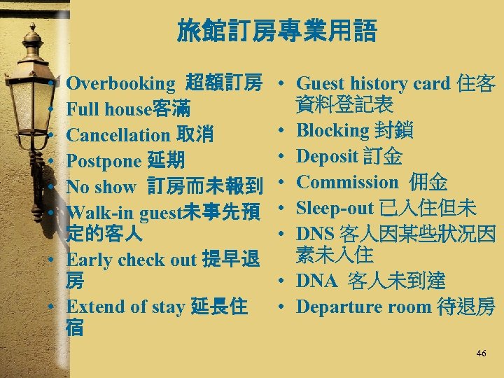 旅館訂房專業用語 • • • Overbooking 超額訂房 Full house客滿 Cancellation 取消 Postpone 延期 No show