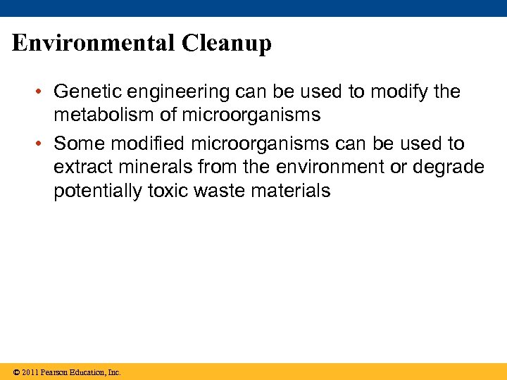 Environmental Cleanup • Genetic engineering can be used to modify the metabolism of microorganisms