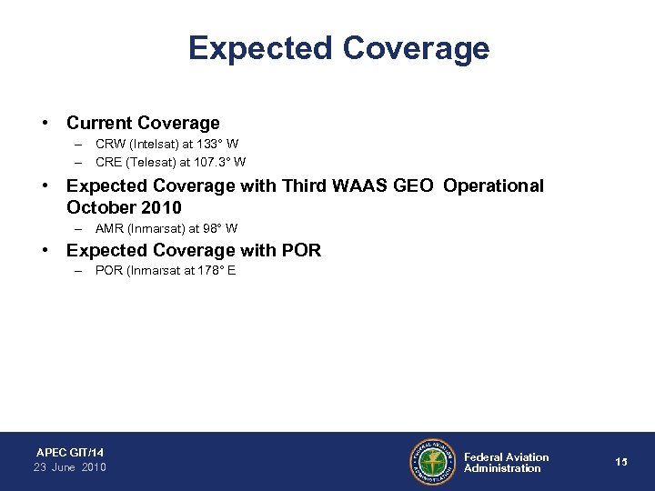 Expected Coverage • Current Coverage – CRW (Intelsat) at 133° W – CRE (Telesat)