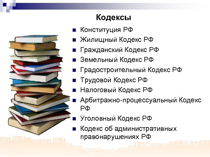 Кодексы n n n n n Конституция РФ Жилищный Кодекс РФ Гражданский Кодекс РФ